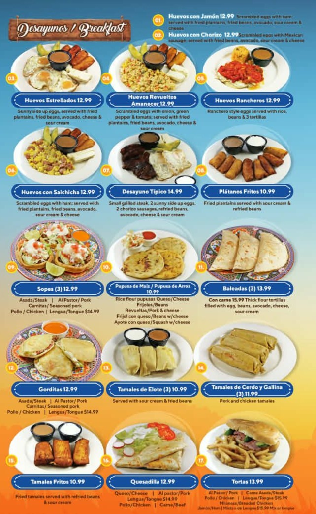 Menu page 1: breakfast, tacos, pupusas, tamales, quesadillas and tortas