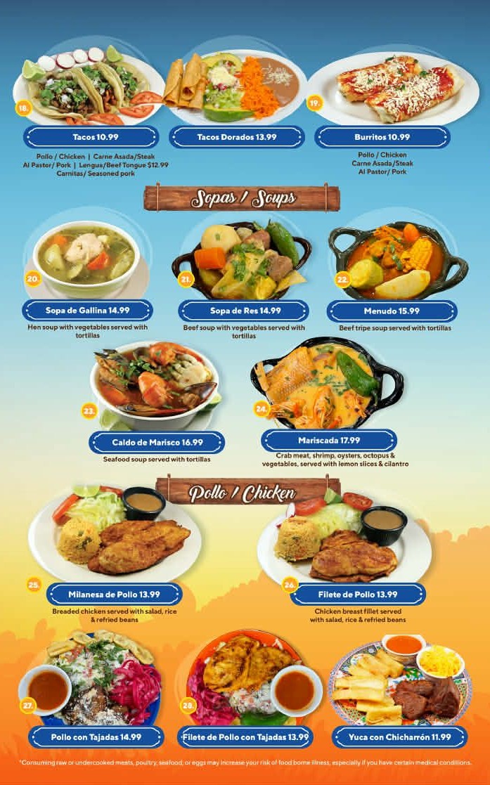 Menu page 2: tacos, soups, chicken plates and yuca con chicharron