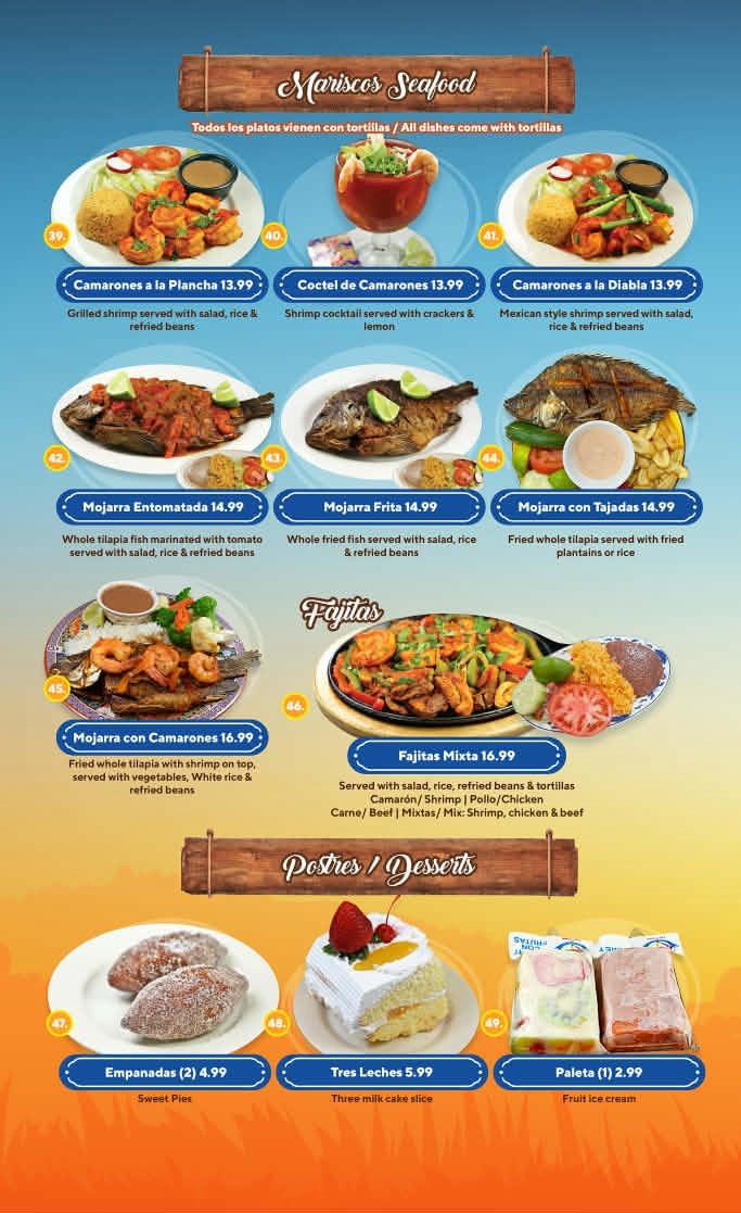 Menu page 4: seafood, fajitas and desserts