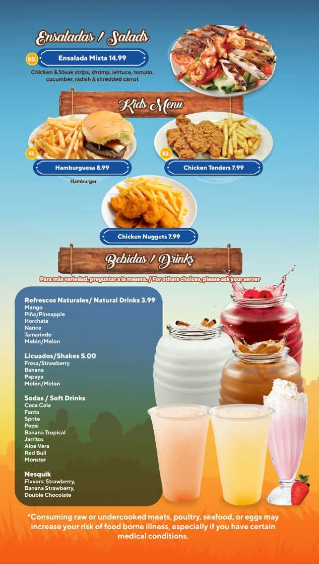 Menu page 5: salads, kids menu and drinks